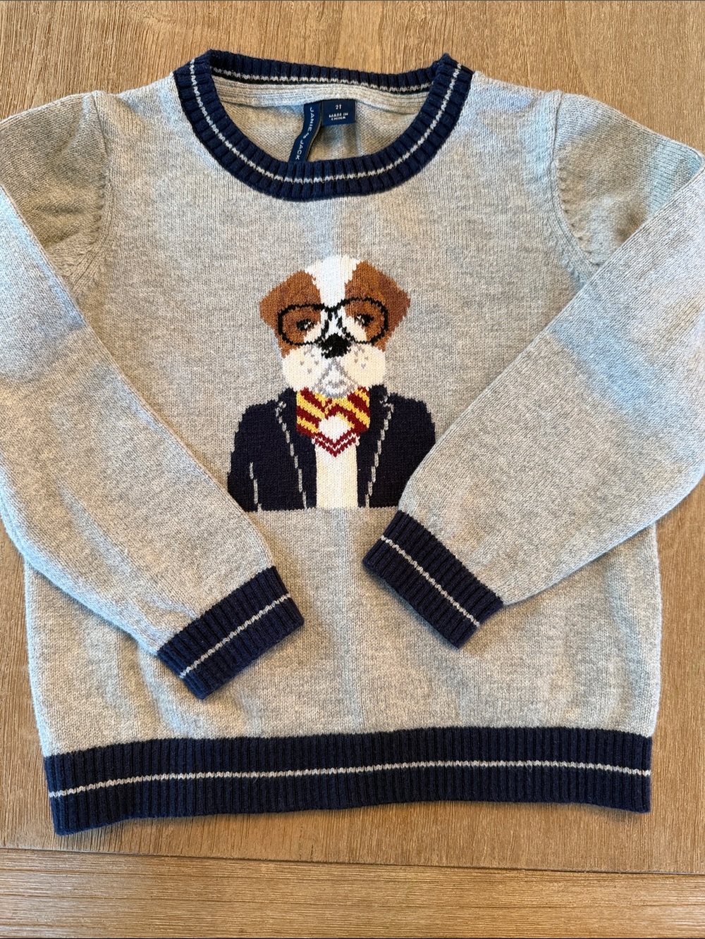Gray Crewneck Sweater with Dog Intarsia and Navy Trim